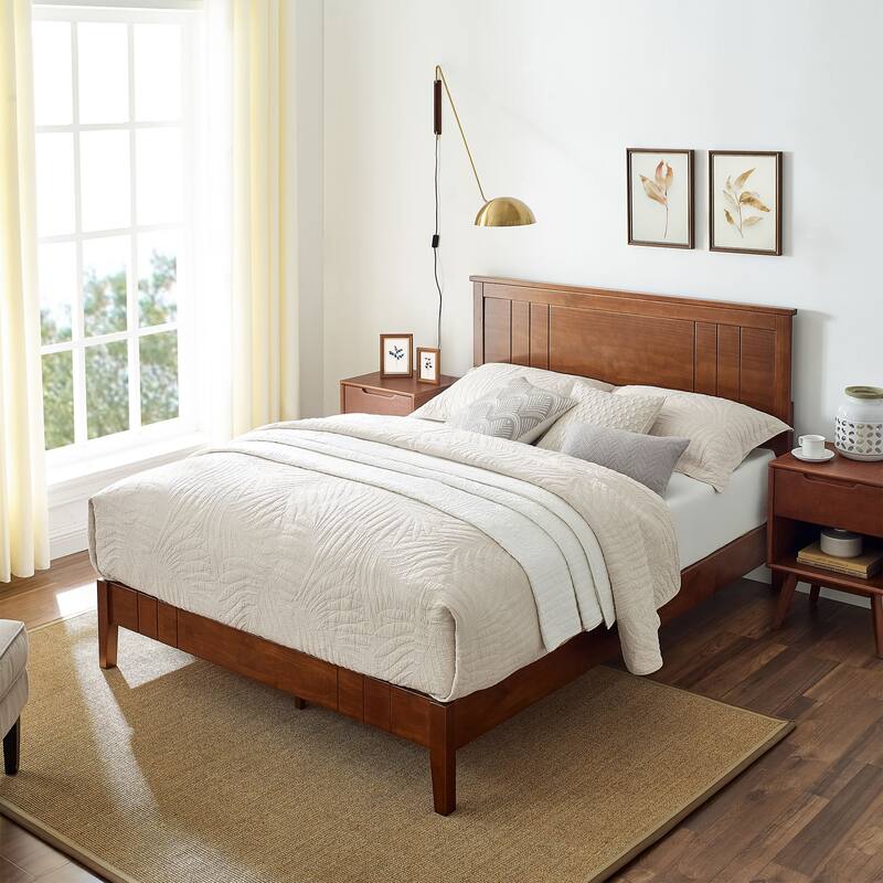 BIKAHOM Mid-Century Modern Solid Wooden Platform Bed with Adjustable Height Headboard for Bedroom