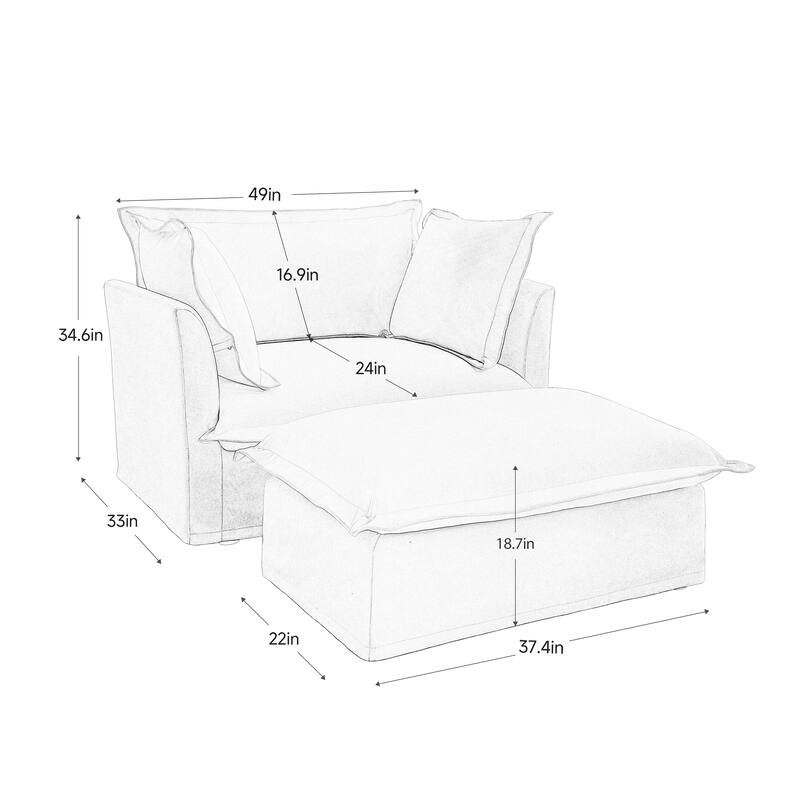 Upholstered Slipcovered Armchair with Ottoman, Deep Seat Armchair W/ Wide Ottoman for Living Room