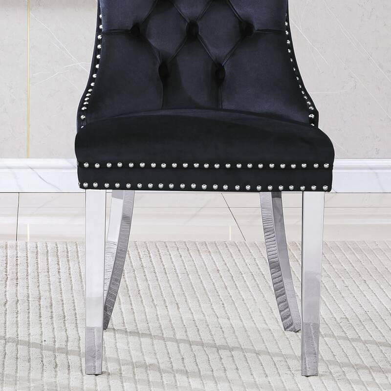 Stylish Black Velvet Dining Chairs with Silver Mirrored Finish Legs - Set of 2, 19.7"L x 24"D x 36.2"H, Chic Dining Room