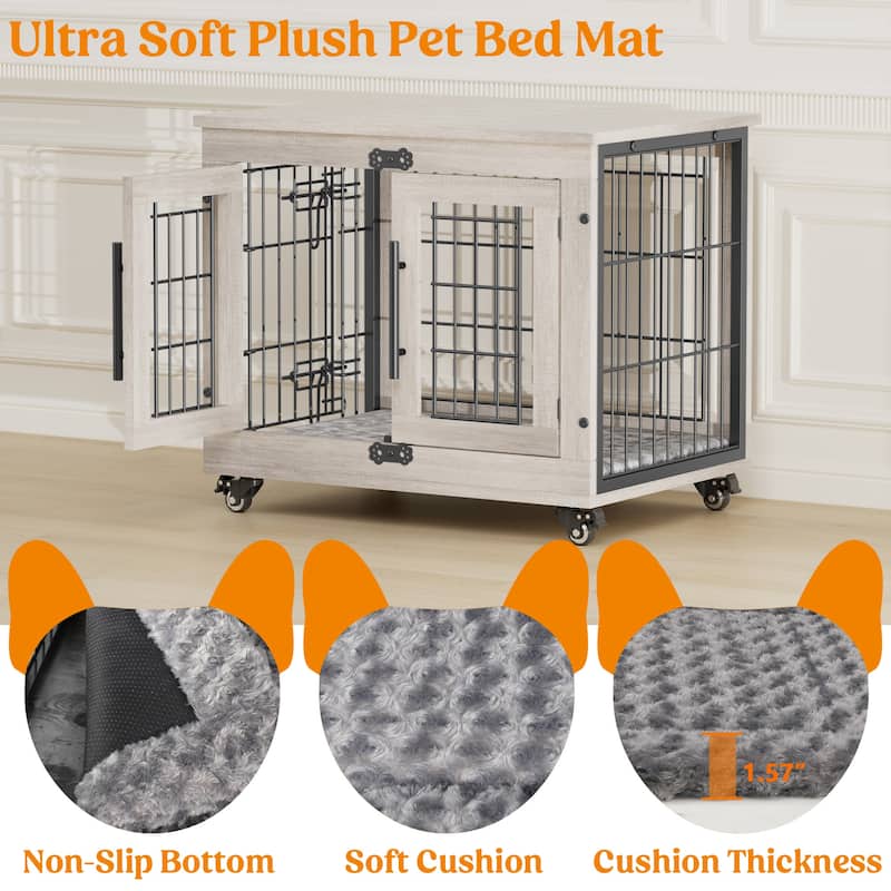 Dog Crate Indoor Heavy Duty Double Doors Wooden Dog Cage with Cushion