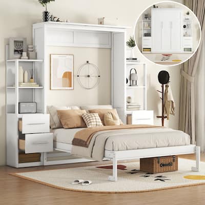 Full Size Smart Murphy Bed - Space-Saving Wall Bed with Shelves, Drawers and LED Lights