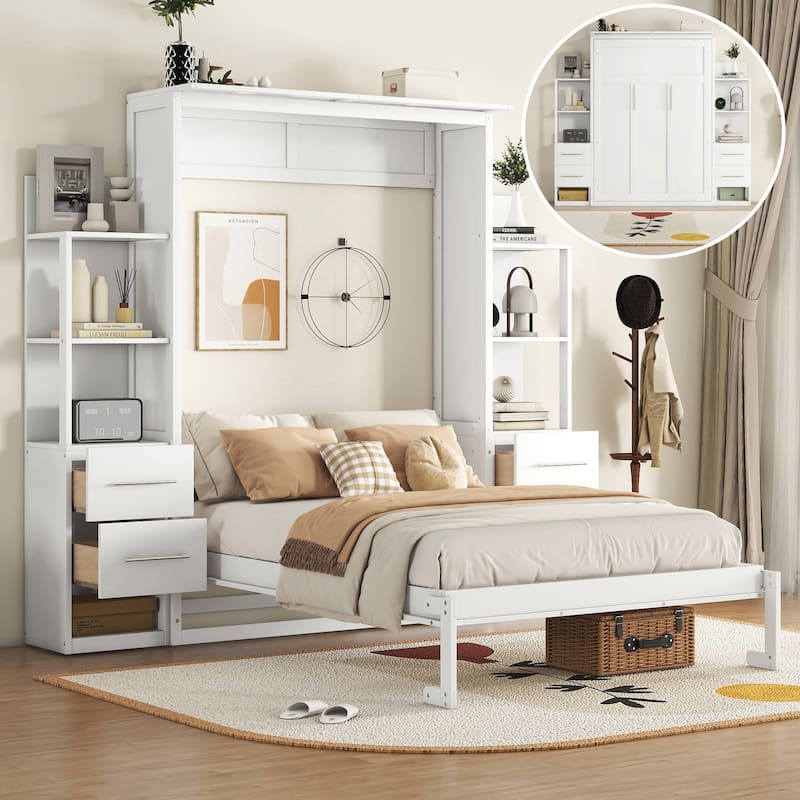 Murphy Bed Wall Bed with Shelves, Drawers and LED Lights - White - Full