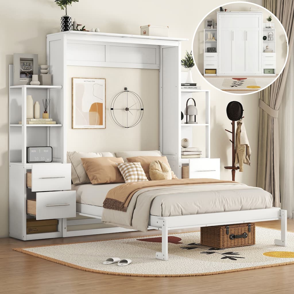 Space-Saving White Murphy Bed with Shelves, Drawers & LED Lights for Multi-Functional Rooms