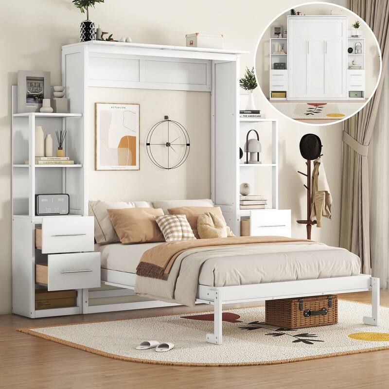 Space-Saving White Murphy Bed with Shelves, Drawers & LED Lights for Multi-Functional Rooms - White