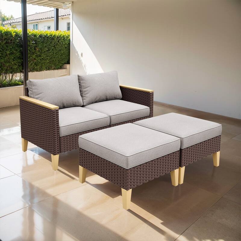 Gymojoy 3 Piece Patio Loveseat Sofa with Ottoman - Brown - Beige