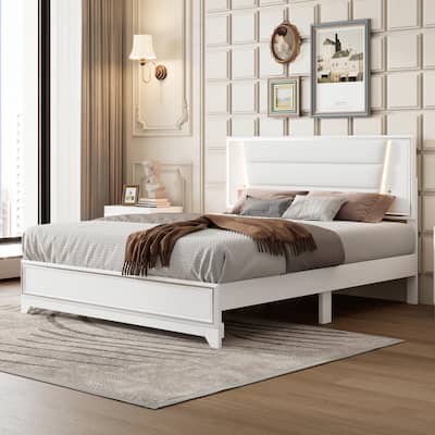 PU Upholstered Bed with LED Light Strips and Sparkling Shiny Headboard