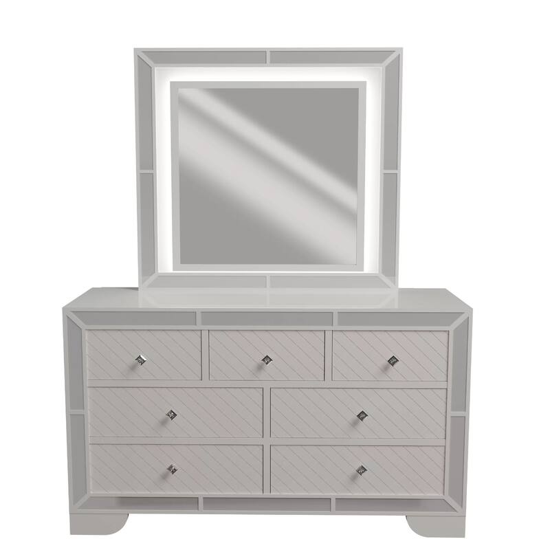 Athon Wide Dresser with 7 Drawers, Diamond Patterns, Ivory Wood