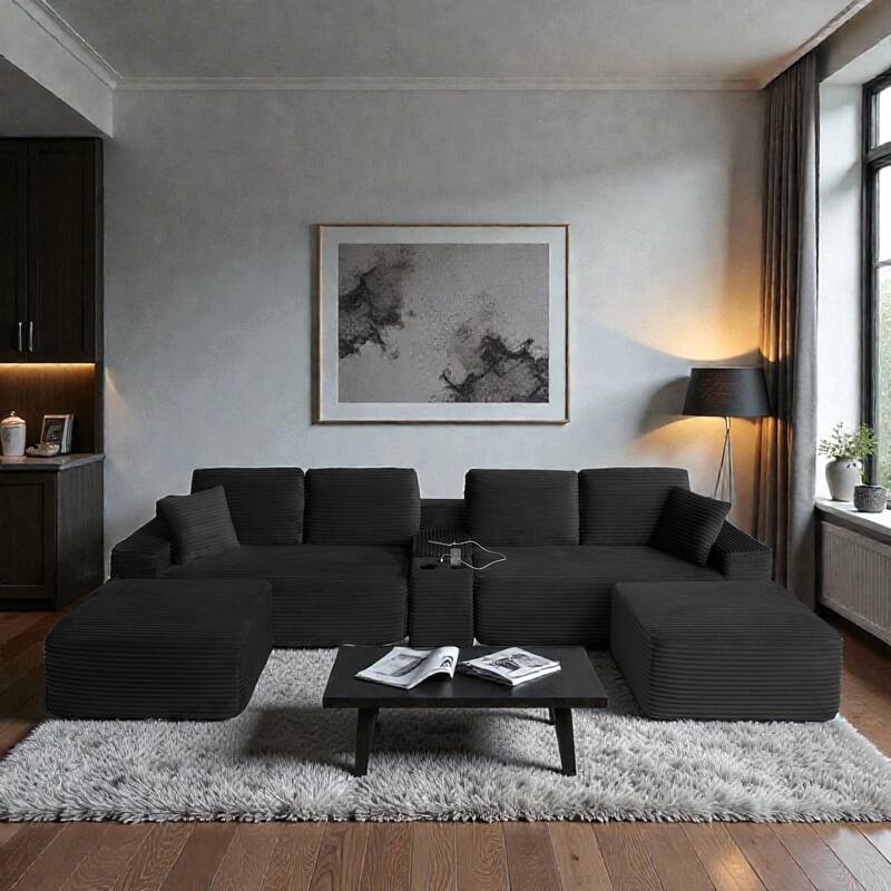 125" L Shaped Sectional Sofa with 2 Ottomans, Cloud Corduroy Couch with Deep Seat, Cup Holders and USB Ports