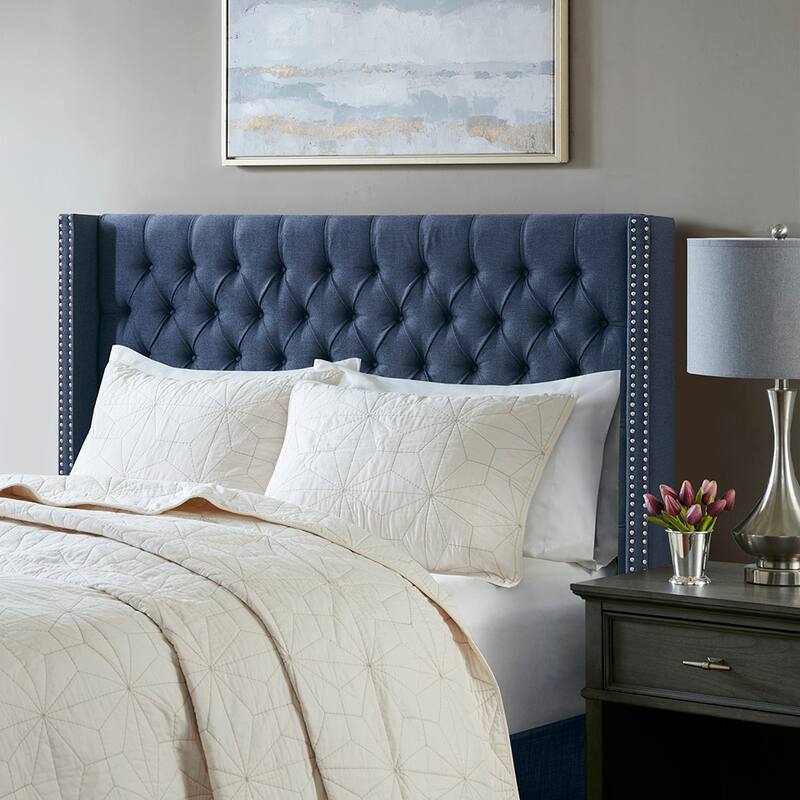 Queen Navy Upholstered Tufted Wingback Headboard with Nailhead Trim - Navy