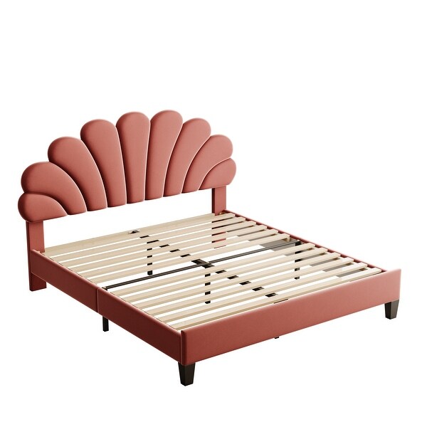 Upholstered Platform Bed with Flower Pattern Headboard - On