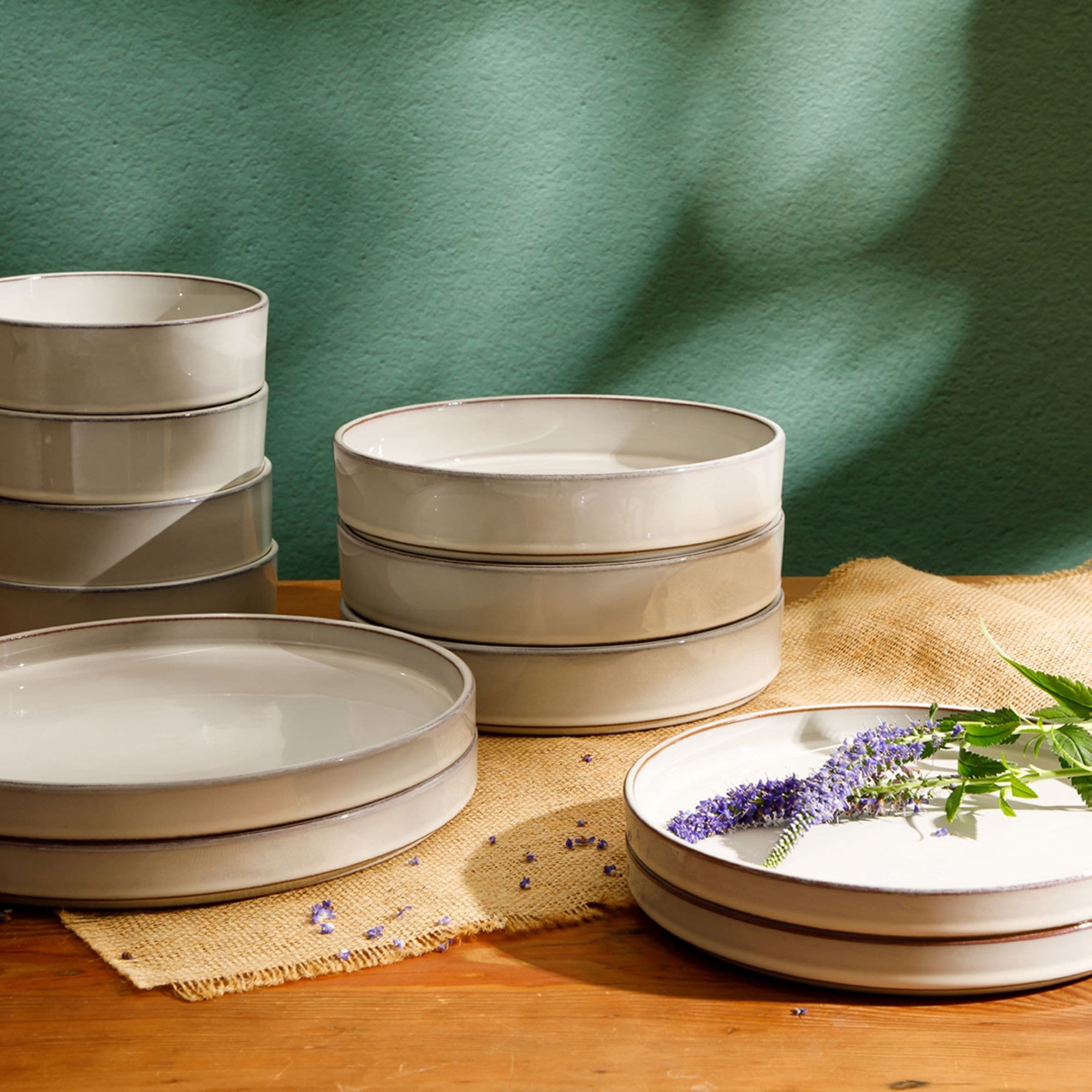 Bloomhouse Santorini Mist 16 Piece Double Bowl Terracotta Reactive Glaze Plates and Bowls Dinnerware Set
