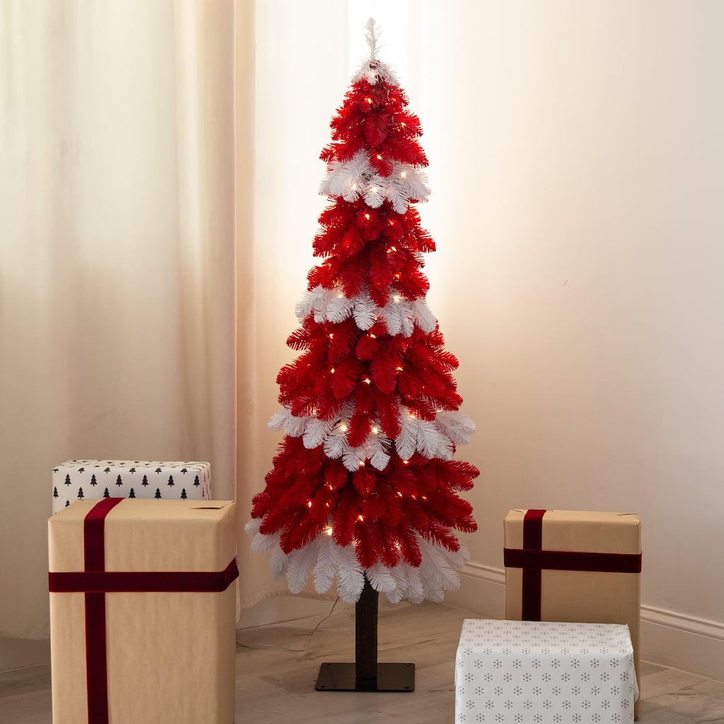 Pre-Lit Peppermint Artificial Pine Christmas Tree - 5’ - Warm White LED Lights - 5 Foot