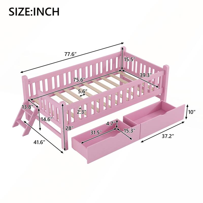 Wood Twin Size Platform Bed with Guardrail and 2 Drawers