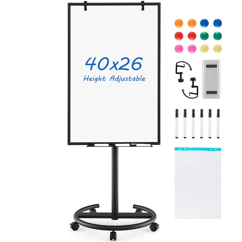 40'' x 26''Mobile Whiteboard Height Adjustable Magnetic Board Stand - Black - Plastic