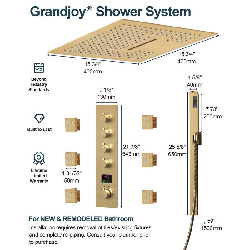 GRANDJOY LUXURY 16 inch Ceiling Mount Rainfall Waterfall Shower Head LED Temperature Display Body Jets Shower System