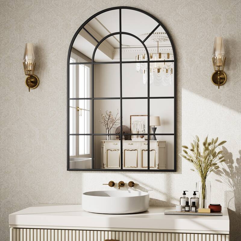 Arched Windowpane Bathroom Mirror with Metal Frame
