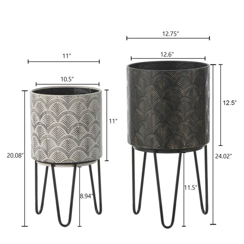 Fanned Black and Off White Metal Cachepot Planters with Black Metal Stand (Set of 2)