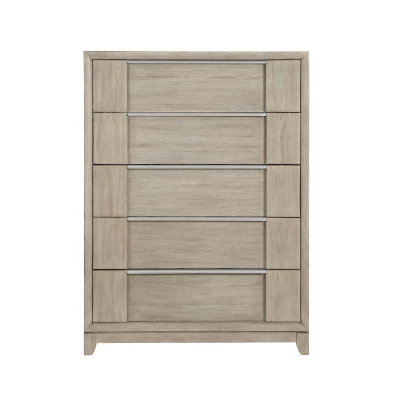 Owen 54 Inch Tall Dresser Chest, 5 Drawers Pewter Handles, Light Beige Wood