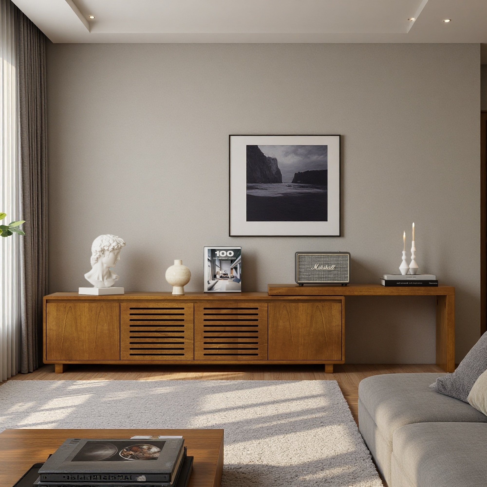 63" Modern Expandable TV Stand with Adjustable Panel & Storage