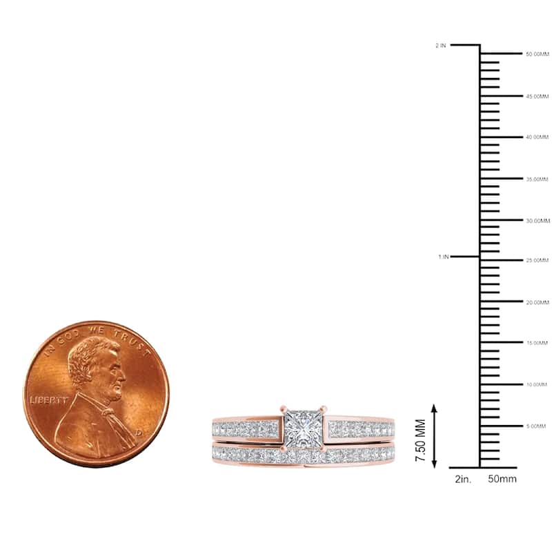 IGI Certified 1ct TDW Princess Cut Diamond Bridal Set in 14K Rose Gold for Women