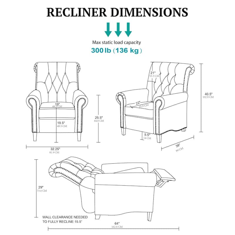 Madison Park Aidan Upholstered Manual Push Back Recliner Chair with Nailheads