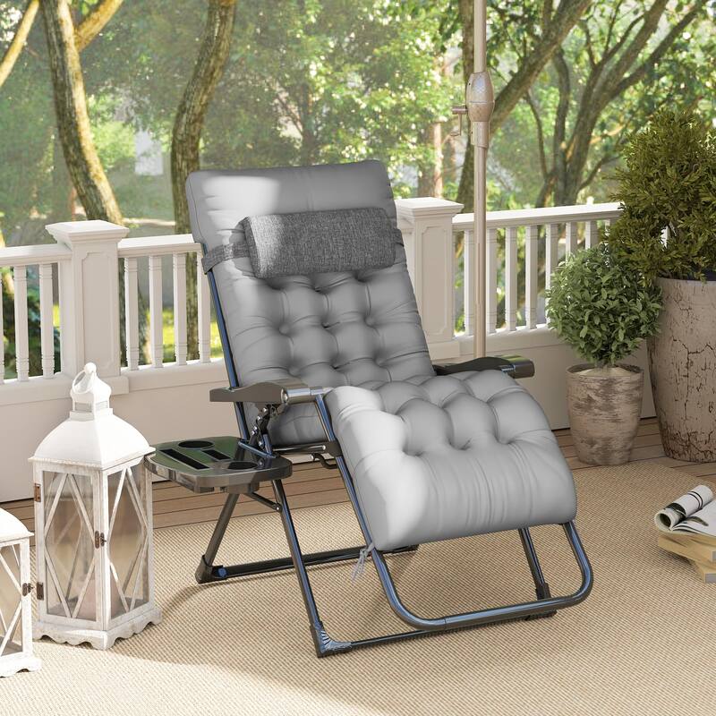 Outsunny Padded Zero Gravity Chairs, Folding Recliner Chair, Patio Lounger with Cup Holder, Adjustable Backrest - Black&Grey