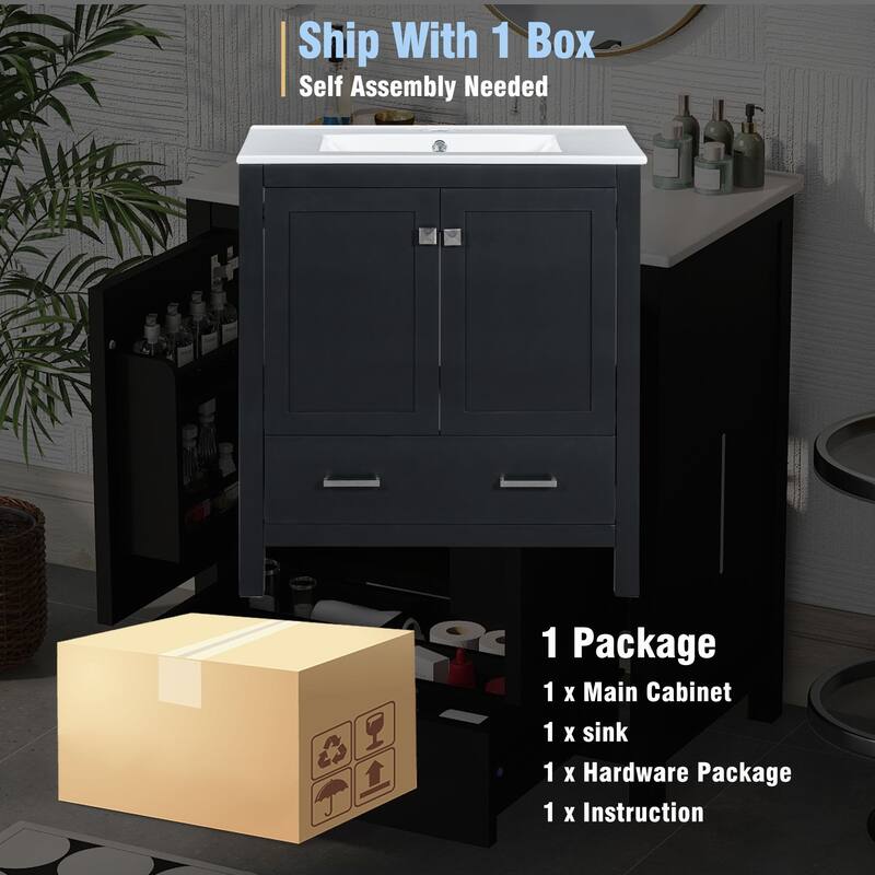 30 Inch Freestanding Bathroom Vanity with Rectangular Ceramic Sink, Two Doors, and Storage Drawer - Elegant Finish