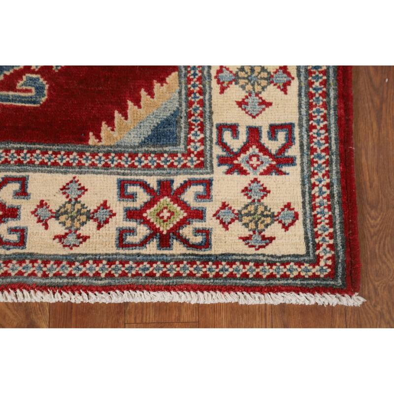 Red Geometric Kazak Runner Rug Handmade Oriental Wool Carpet - 2'9" x 10'1"