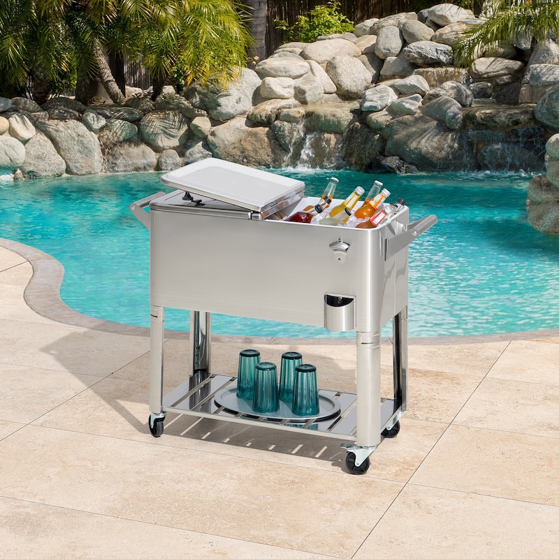 80 QT Patio Cooler Cart ,Stainless Steel Rolling Ice Chest with Steel Bottle Opener, Shelf and Lockable Wheels Sunjoy