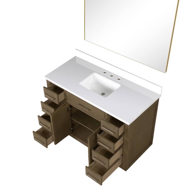 Abbey 48 in W x 22 in D Black Oak Single Bath Vanity, White Quartz Top, and 46 in Mirror