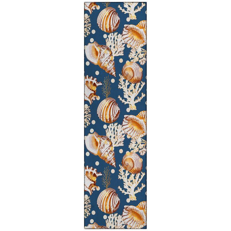 Indoor/ Outdoor Surfside Coral Shells Washable Rug New - Blue - 2'3" x 7'6"