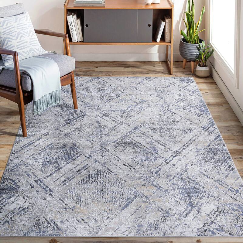 LOOM & LUXE Collection Blue/Grey/Geometric Non-Shedding Area Rug
