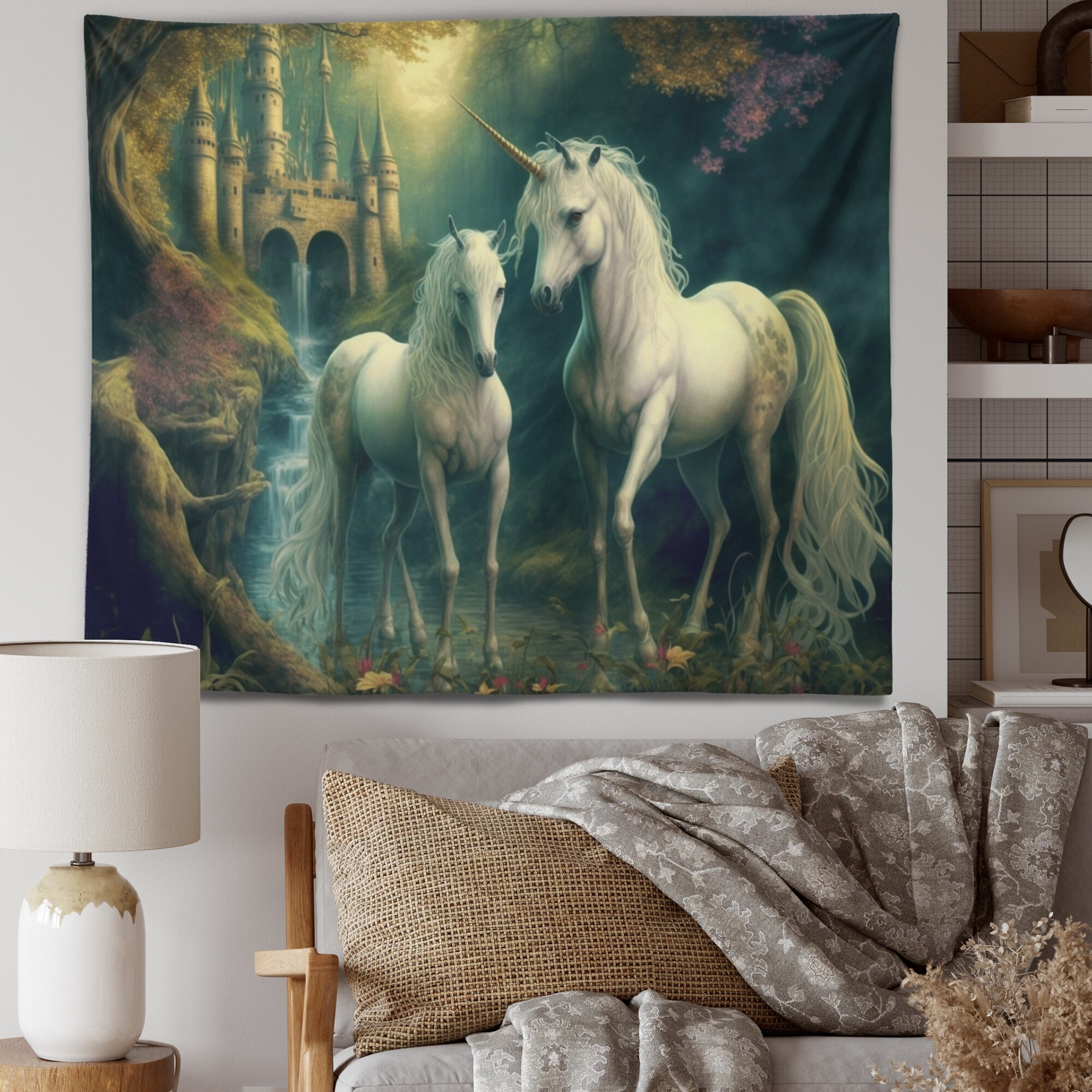 Designart Two Gracious Unicorn In Fantasy Landscape Animals Horse Wall Tapestry