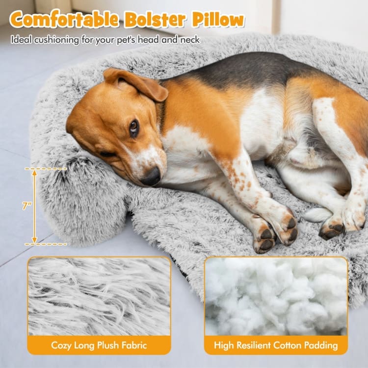White-Grey Plush Calming Dog Couch Bed with Anti-Slip Bottom