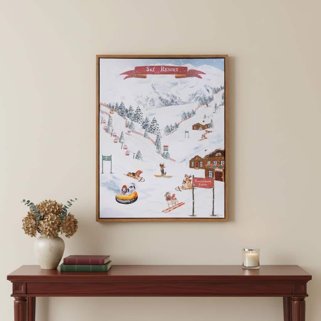 HomeRoots Dog Ski Resort Brown Framed Wall Art