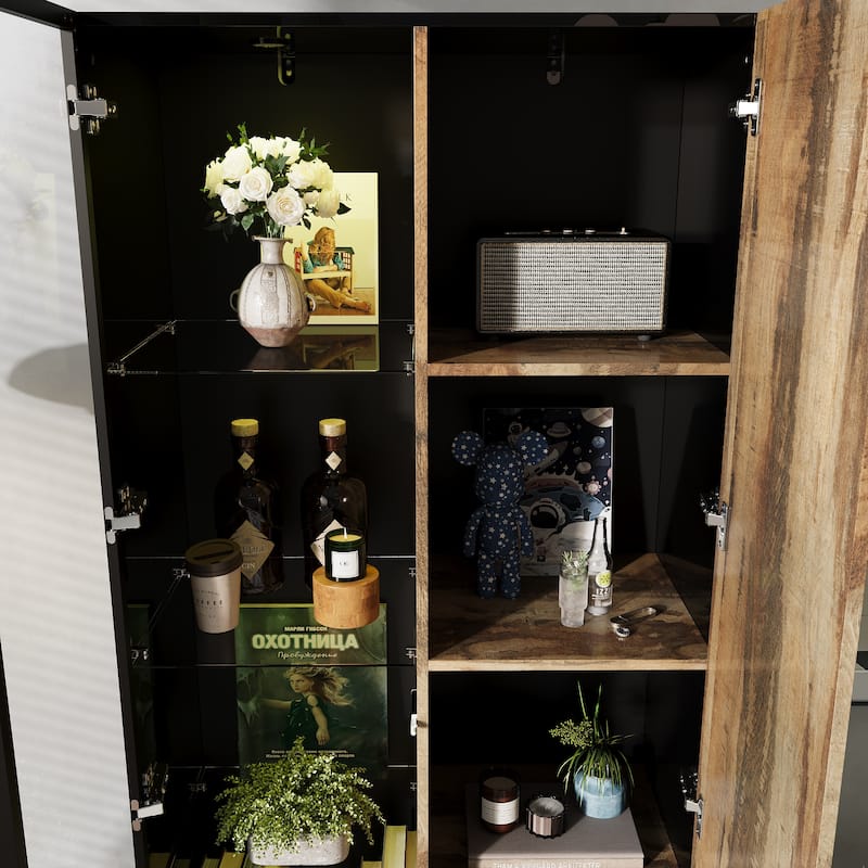 Glass Display Cabinet with LED Spotlight and Wood Grain Door Tall Aluminum Frame Curio Cabinet