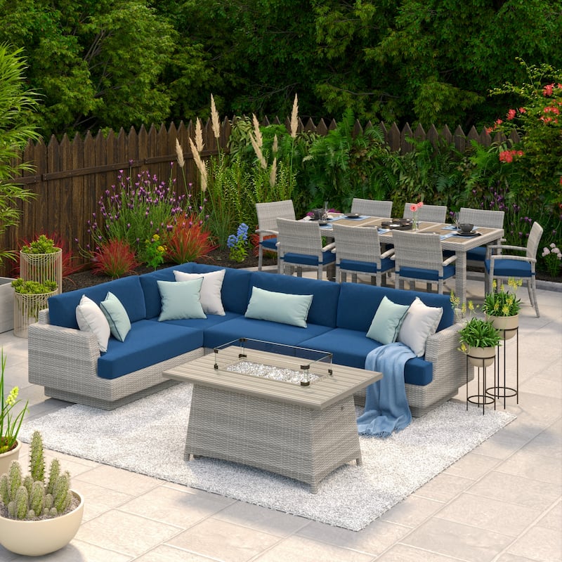 Portofino Comfort 14 Piece Sunbrella Outdoor Patio Sectional Seating & Dining Set With Fire Table
