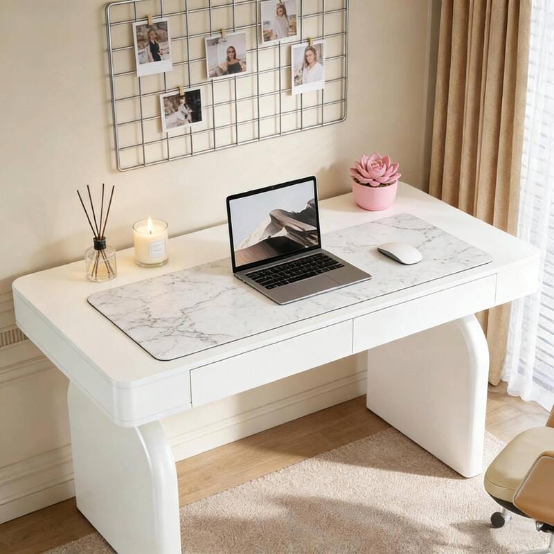63" Modern White Office Desk with 2 Drawers and Sturdy U-Shaped Legs