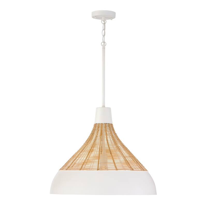 1-Light Boho Pendant in Matte White with Handcrafted Natural Rattan - 22"W x 18"H