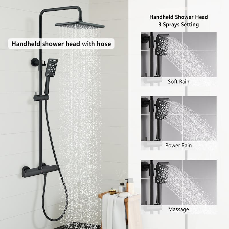 3-Spray Patterns Thermostatic Rain Shower Faucet Wall Mount Dual Shower Heads - 11.4" x 7.5"