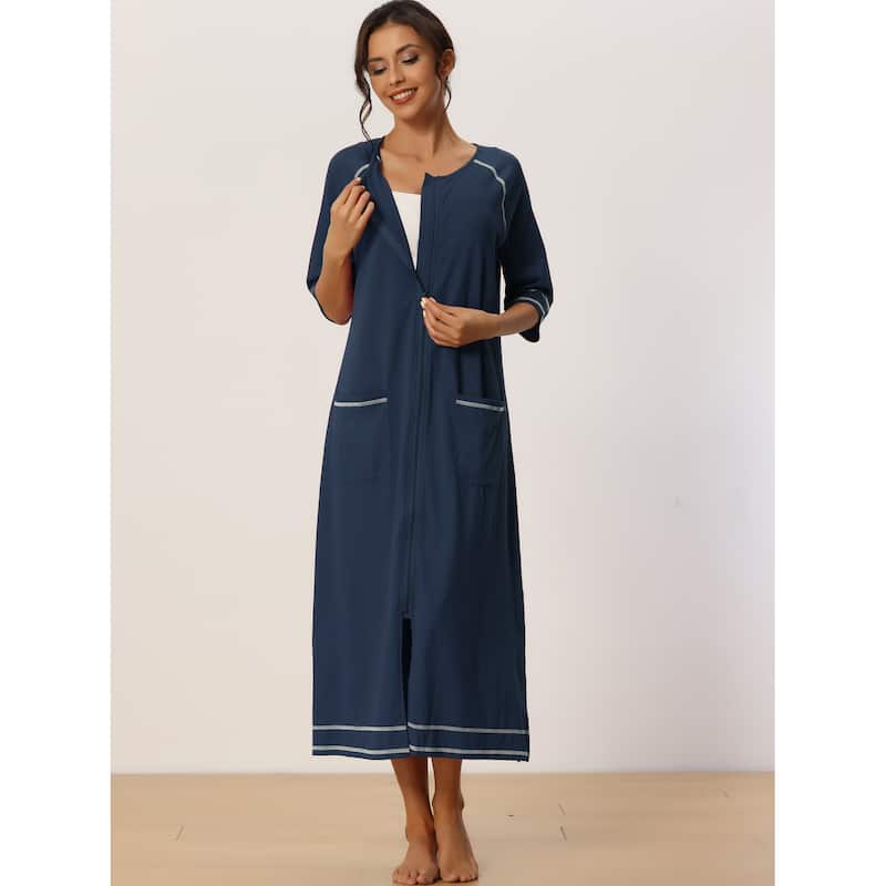 Women Zipper Robe Long Sleeve Loungewear Bathrobe with Pockets - Blue - M