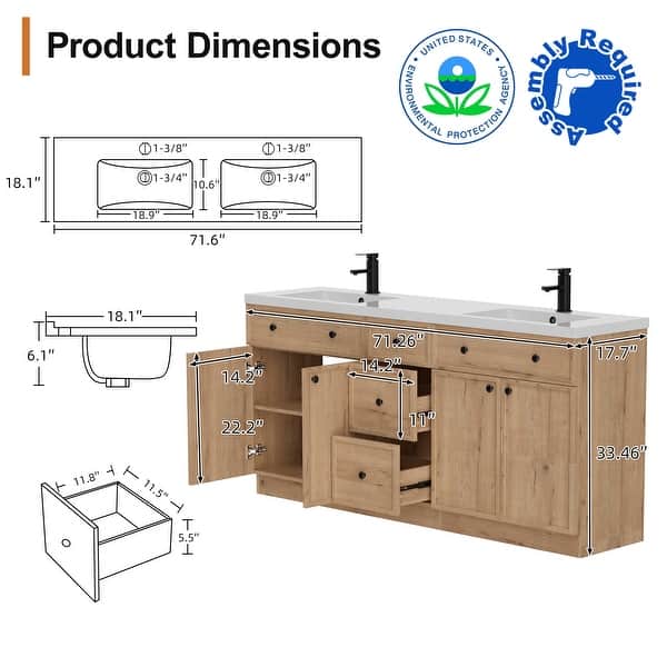 dimension image slide 4 of 10, 36"/48"/60"/72" Bathroom Vanity Set with Sink & Faucet
