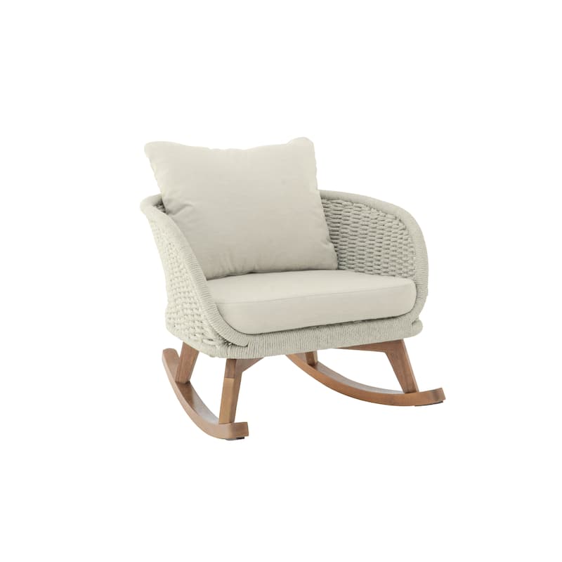 Modern Wicker Rocking Chair – Neutral Beige Finish with Plush Polyester Cushions & Sturdy Wooden Frame.
