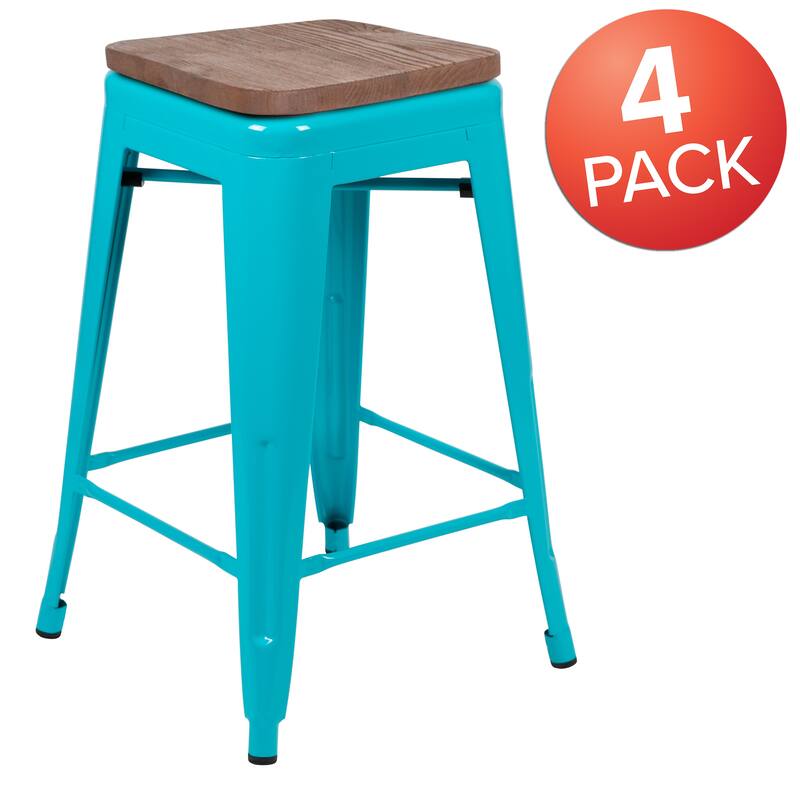 4 Pack 24" High Metal Indoor Counter Bar Stool with Wood Seat - Stackable Stool
