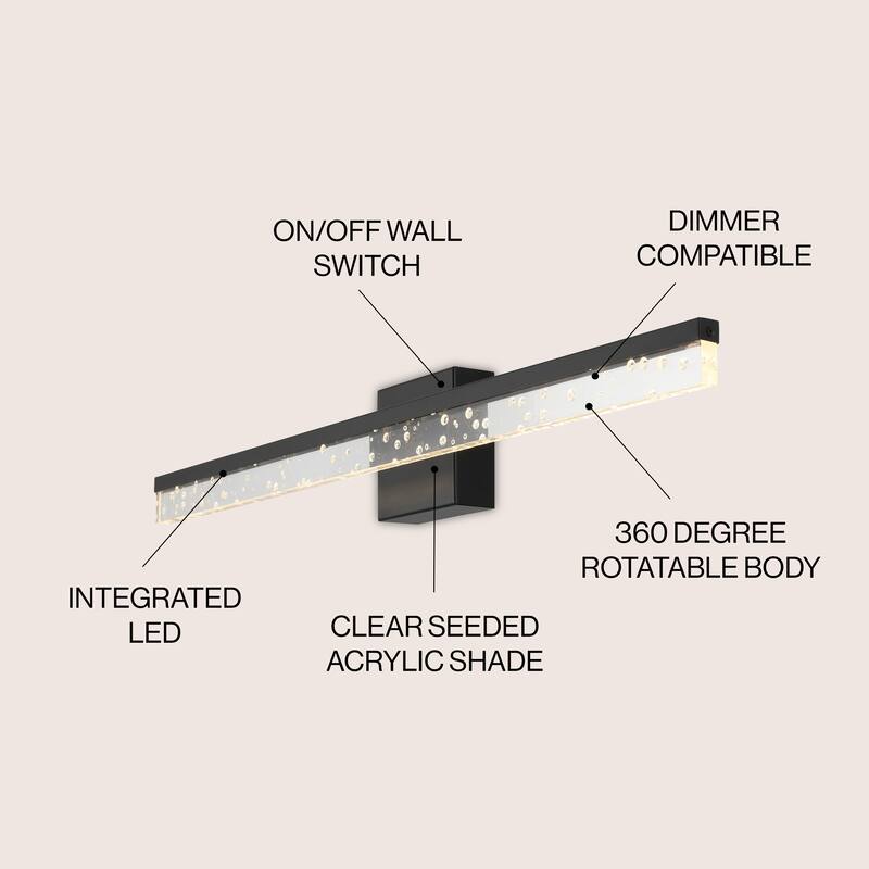 Baxter 22" 1-Light Modern Contemporary 360-Degree Rotatable Iron/Seeded Acrylic Integrated LED Vanity Light, by JONATHAN Y