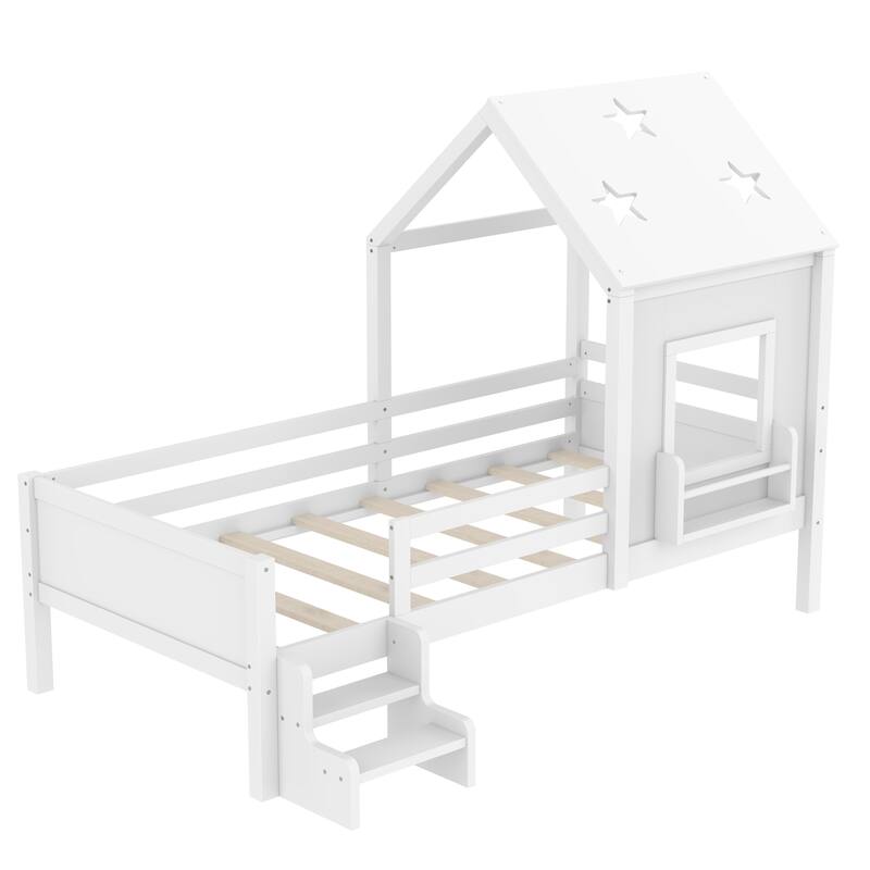 Twin House Beds with Low-Profile Stairs and a Window, Solid Wood House Platform Bed with a Bookcase Design