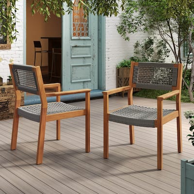 Roomfitters Outdoor Dining Armchairs Set of 2, Wood and Woven Rope Design, Patio Seating with Rustic Charm