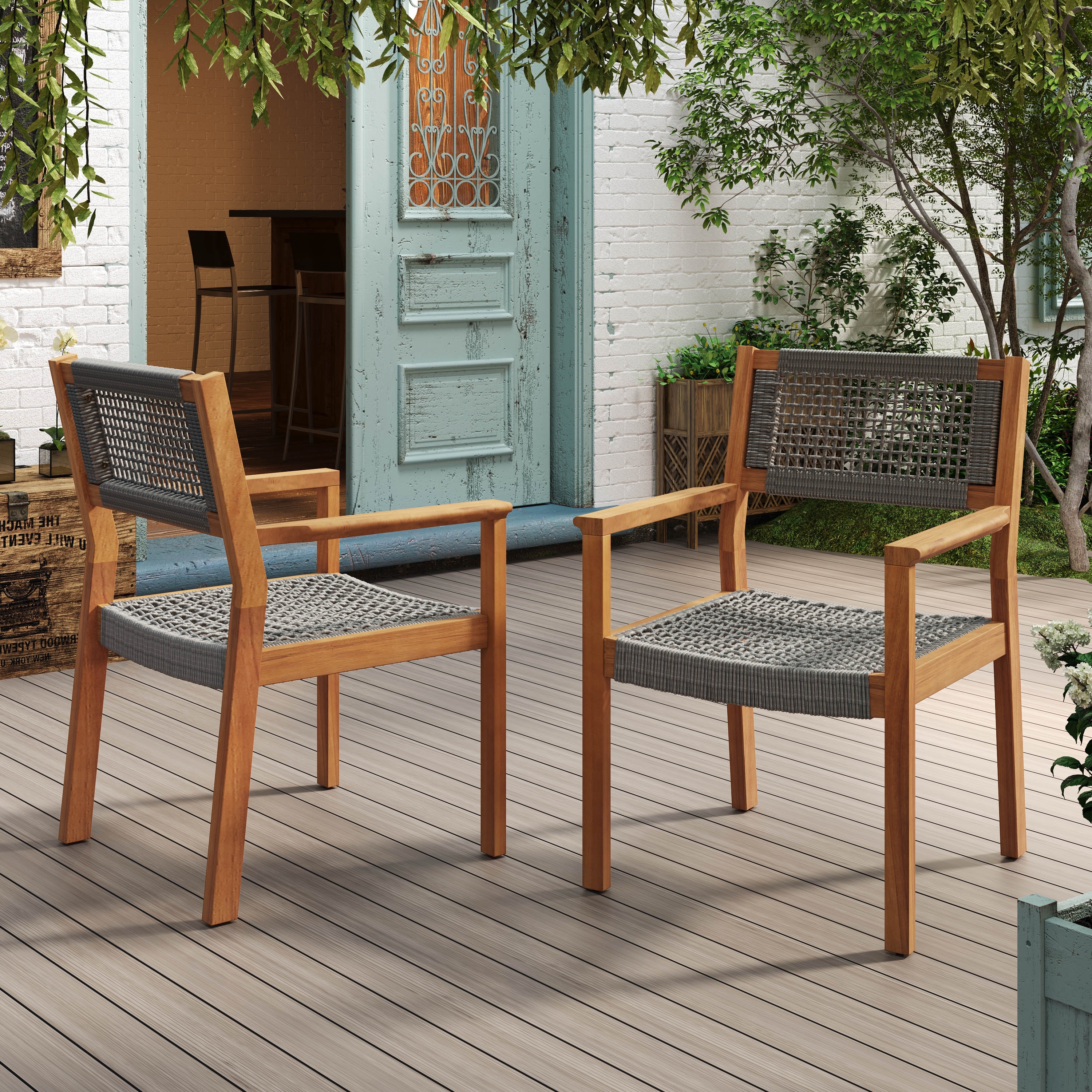 Roomfitters Outdoor Dining Armchairs Set of 2, Wood and Woven Rope Design, Patio Seating with Rustic Charm