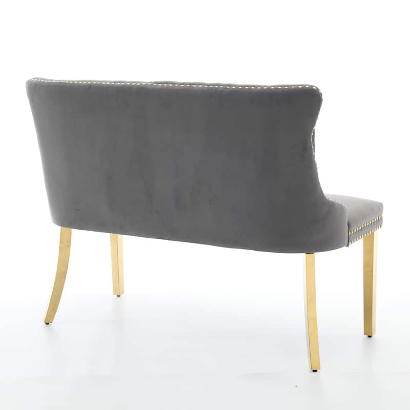 Velvet Double Dining Loveseat Bench, 2-Seat Tufted Bench w/Handmade Buttons, Wing Back, Gold-Plated Steel Legs,Single Pack