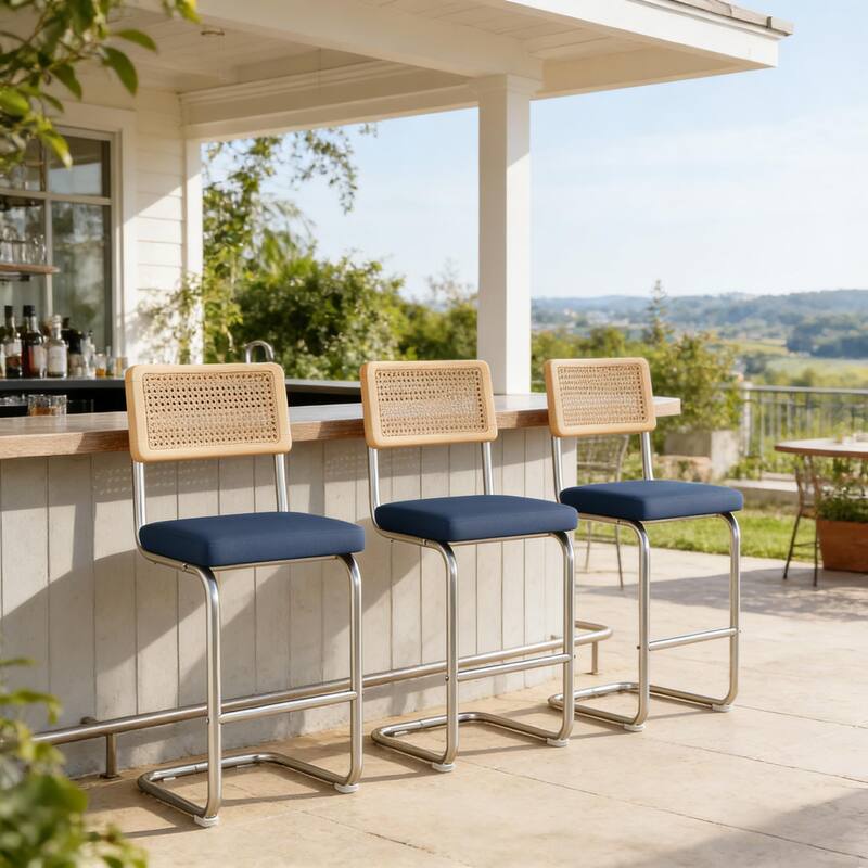 Set of 3 Counter Height Bar Stools with Woven Rattan Back and Footrest for Kitchen Island - 26" H - Navy Blue/PU
